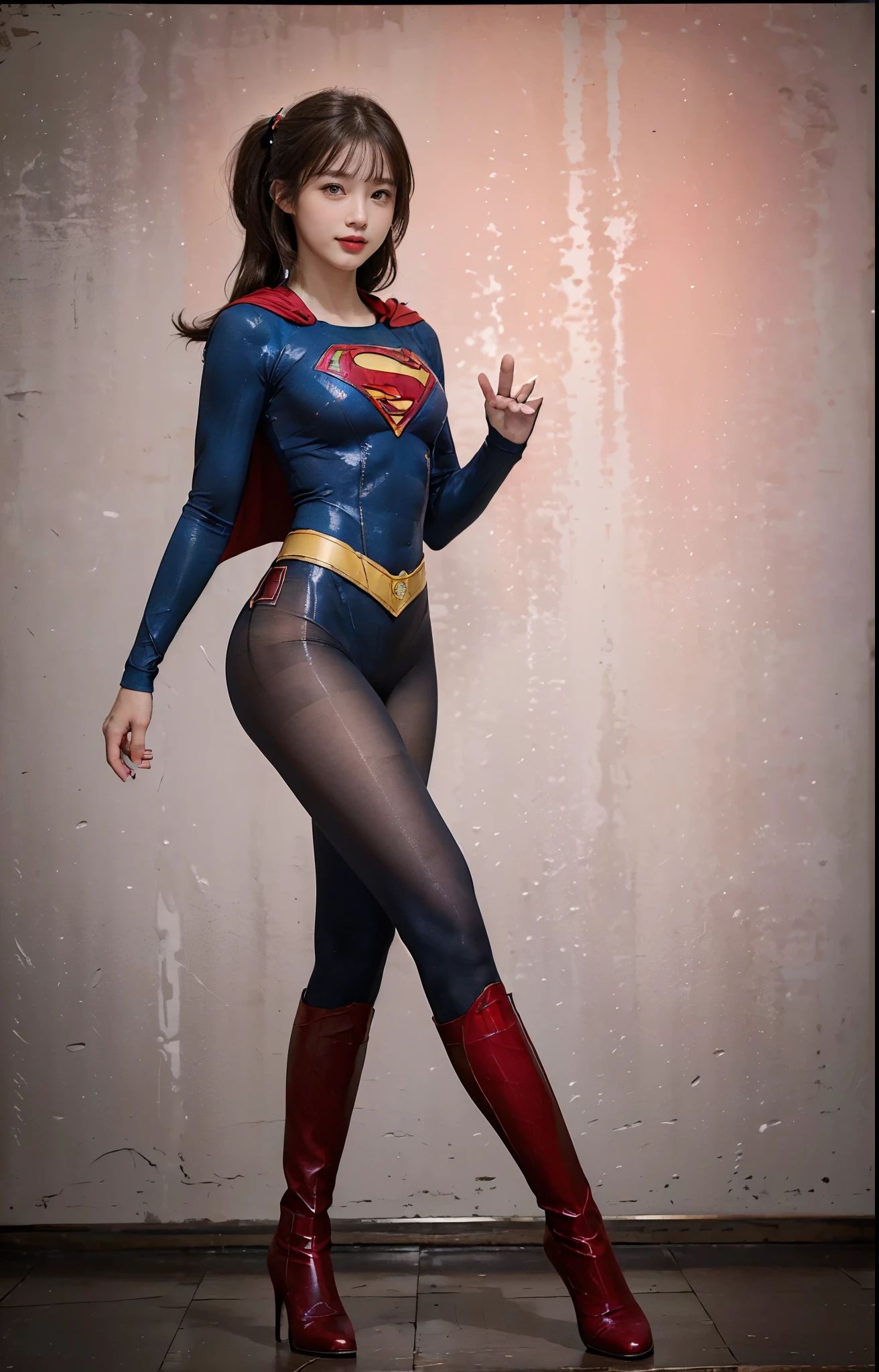No background、(((Beautiful legs in black tights.)))、(((Legally express the beauty of your smile)))、((((Make the most of your original images)))、(((体にぴったりフィットするSupergirl Costume)))、(((Supergirl Costume)))、(((Beautiful twin tail hairstyle)))、(((She is winking cutely.)))、(((Please wear black tights....、Wear red boots)))、((Best image quality、8k))、((highest quality、8k、masterpiece:1.3))、(((Preserve background )))、Sharp focus:1.2、Beautiful woman with perfect figure:1.4、Slim Abs:1.2、Wet body:1.5、Highly detailed face and skin texture、8k