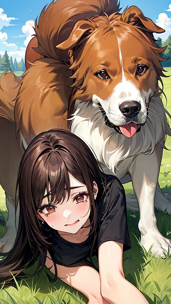 Masterpiece, top quality, highest definition, one adult female, slit eyes, dark hair, one length, brown eyes, model like, beautiful, perfect proportions. Shirt, mini tight skirt. She is on all fours in a grassy field. A large dog is mounted on her back, and she and the large dog are mating. The dog is holding the woman's back.
The woman's face is bright red and flushed, her mouth open and both eyes closed,
She looks like she is crying.
