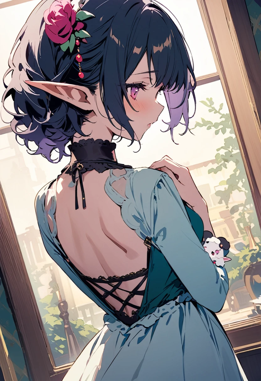 masterpiece, highest quality, Illustration of the novel, High resolution, 18+ Adult content, Sensual, Intimate, Emotional, Passionate, romantic, sweet, Adorable, Innocent, Pure, Charmな, Charmな, Charm, Mysterious, Charmな, Charmな, Immersive, Charmな, dream-like, Surreal, Imaginative, Whimsical, artistic, Avant-garde, timeless, elegant, Sophisticated, chic, Sophisticated, personality, original, Charmな,((Loli Elf:1.3)),((Back view:1.3))、Upper Body、(Little)