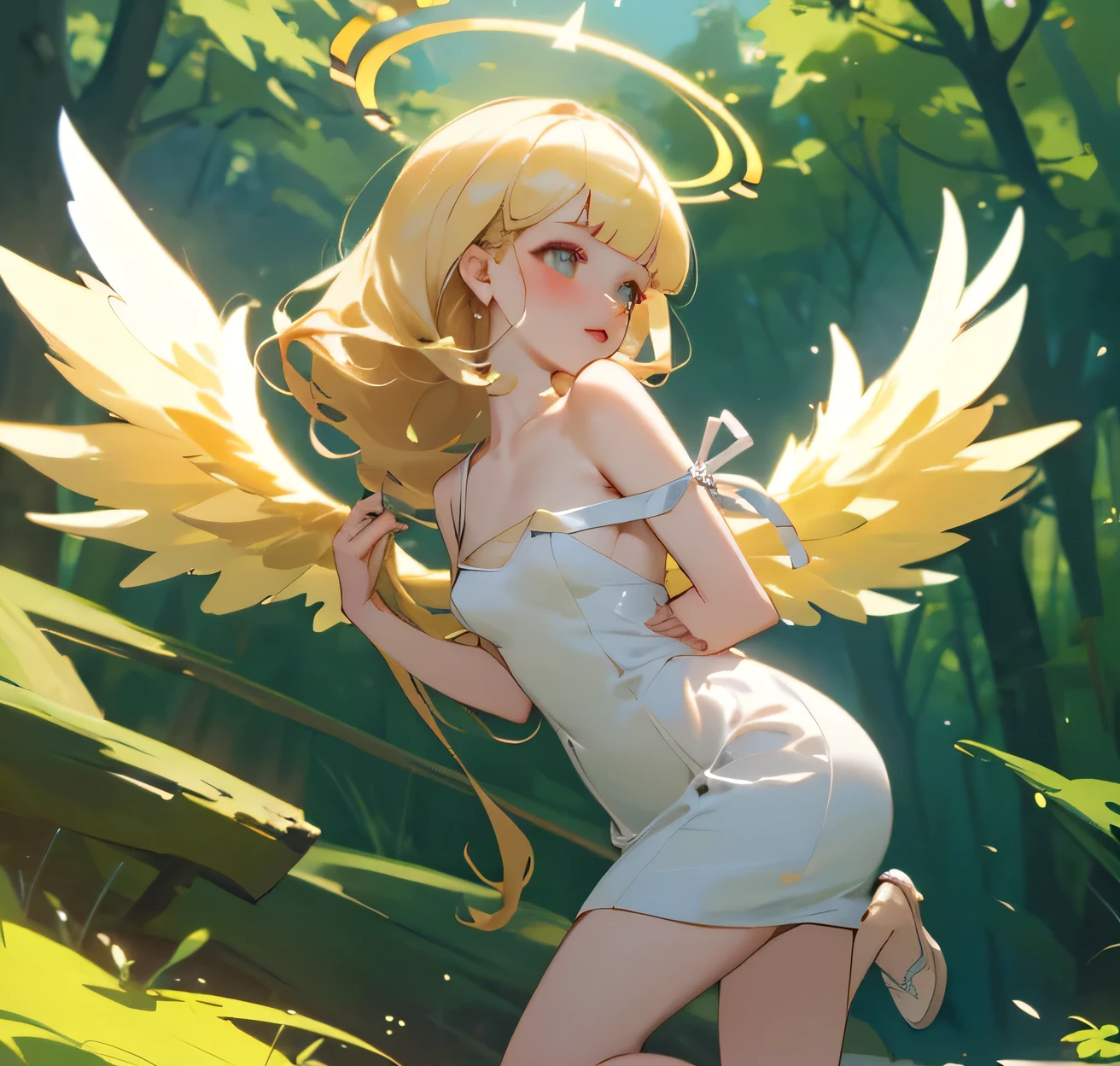 (high quality) (best quality) (a woman) (correct physiognomy) Woman, Blonde and long hair with bangs on her forehead, four small angel wings coming out of her head, two on the left side and two on the right side, two angel wings coming out of her back, a golden halo behind her head, golden eyes, tender lips, middle age, white dress with straps on the shoulders, skirt cut diagonally leaving one leg exposed, location of the photo the woman must be in middle of the forest, photo lighting sunlight, full body proportion, showing in the photo the body from head to torso