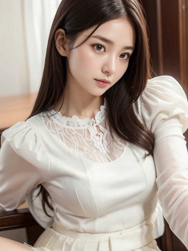 White Company、blouse with lace、(highest quality)), (Very detailed), ((Very detailed)), 4K, (8k), highest quality, alone,Kind Face、Soft Light、RAW quality、Heel