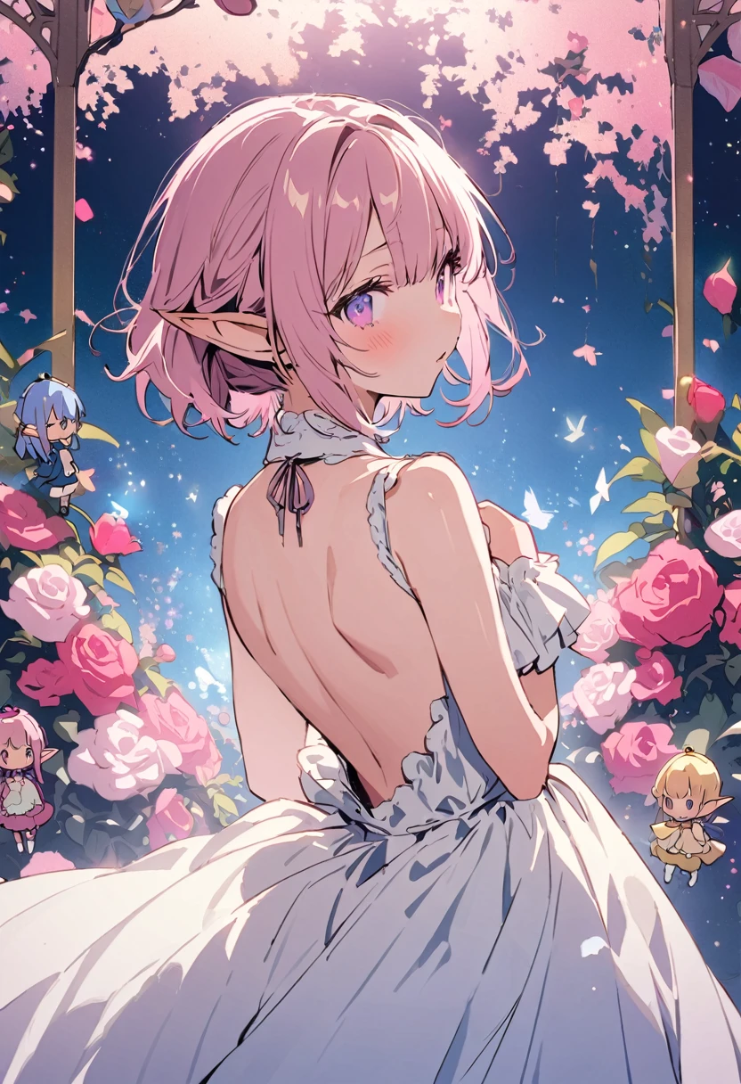 masterpiece, highest quality, Illustration of the novel, High resolution, 18+ Adult content, Sensual, Intimate, Emotional, Passionate, romantic, sweet, Adorable, Innocent, Pure, Charmな, Charmな, Charm, Mysterious, Charmな, Charmな, Immersive, Charmな, dream-like, Surreal, Imaginative, Whimsical, artistic, Avant-garde, timeless, elegant, Sophisticated, chic, Sophisticated, personality, original, Charmな,(( Elf:1.3)),((Back view:1.3))、Upper Body、(Little)