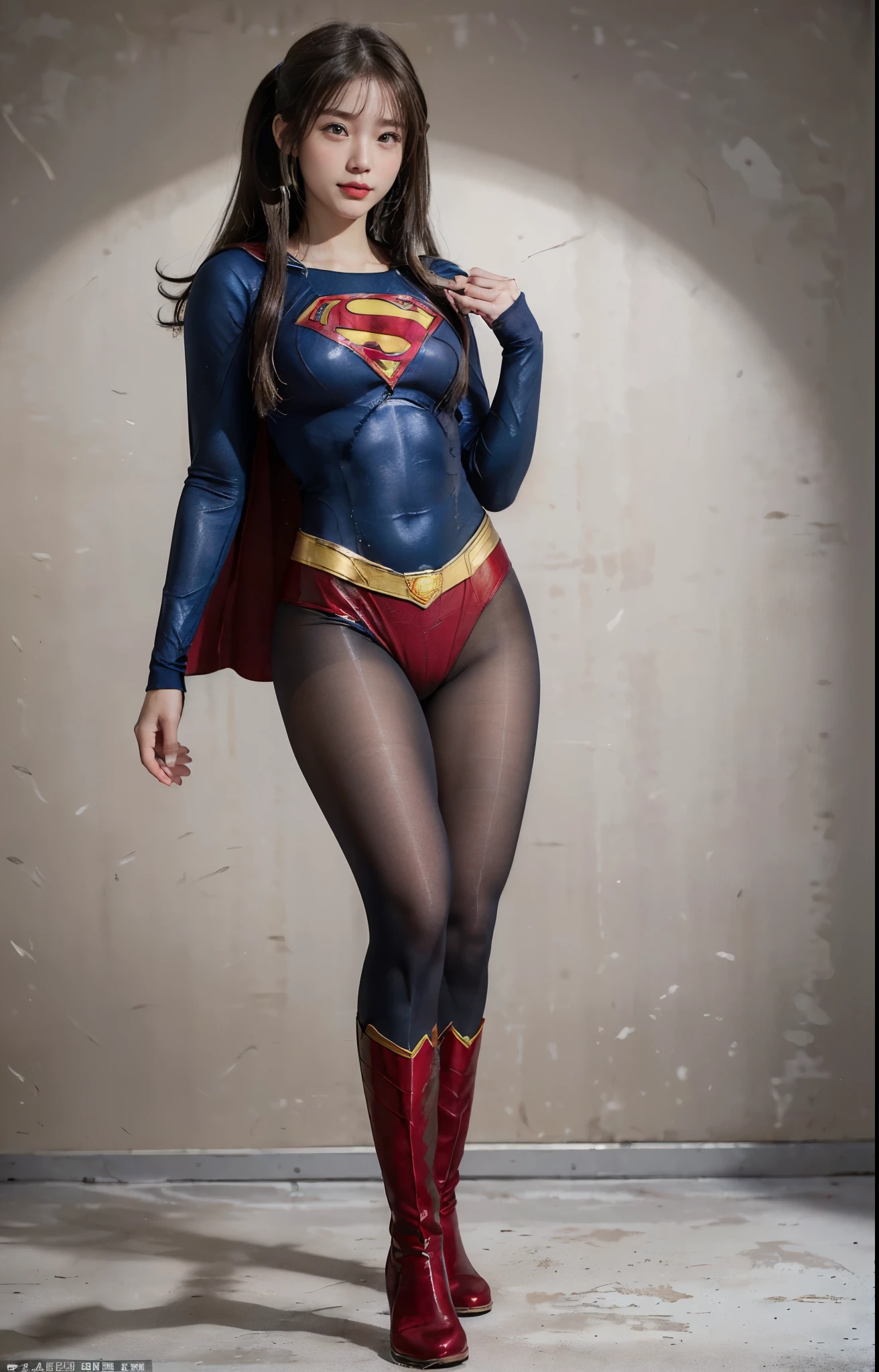 No background、(((Beautiful legs in black tights.)))、(((Legally express the beauty of your smile)))、((((Make the most of your original images)))、(((体にぴったりフィットするSupergirl Costume)))、(((Supergirl Costume)))、(((Beautiful twin tail hairstyle)))、(((She is winking cutely.)))、(((Please wear black tights....、Wear red boots)))、((Best image quality、8k))、((highest quality、8k、masterpiece:1.3))、(((Preserve background )))、Sharp focus:1.2、Beautiful woman with perfect figure:1.4、Slim Abs:1.2、Wet body:1.5、Highly detailed face and skin texture、8k