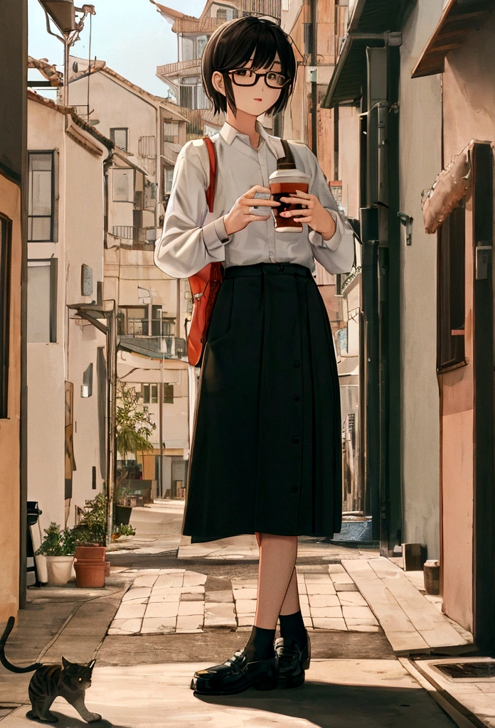Better quality, high resolution, Vivid image, young, male, Thin, wear glasses, High, cabelo curto e for that reason camisa lacoste, iPhone 15, Short Lacoste, Crocodile shoes, 和你的Cat一起坐在早餐桌旁, Drink coffee, Cat, for that reason, Orange and white, Ronando, Cima Mesa
