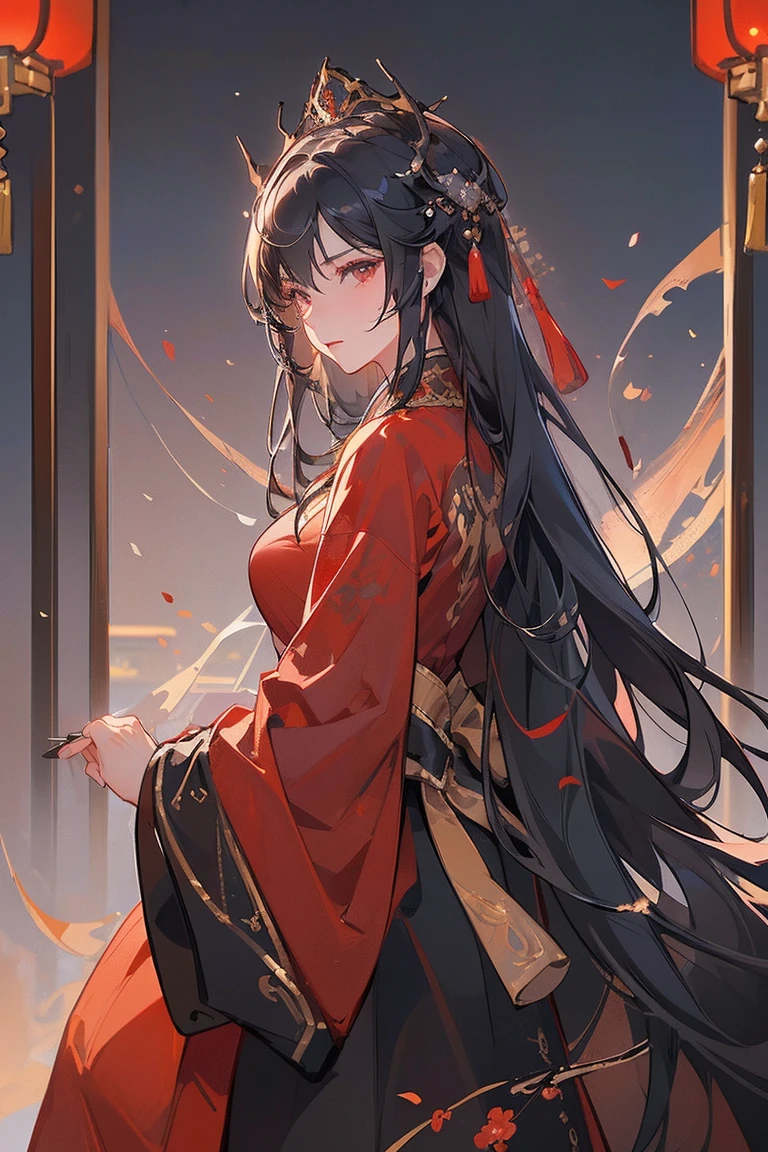 (Extremely detailed 8k wallpaper),(Extremely detailed),(best quality),(masterpiece),(Very detailed),(movie lighting),(The original),Cold Light，Moody,(Chinese Fine Brushwork Painting ),32K Depth of Field,1 Girl,(Queen),((The image of the empress)),((immortal)),(Black long hair)，((Majestic expression))，((Red clothes))