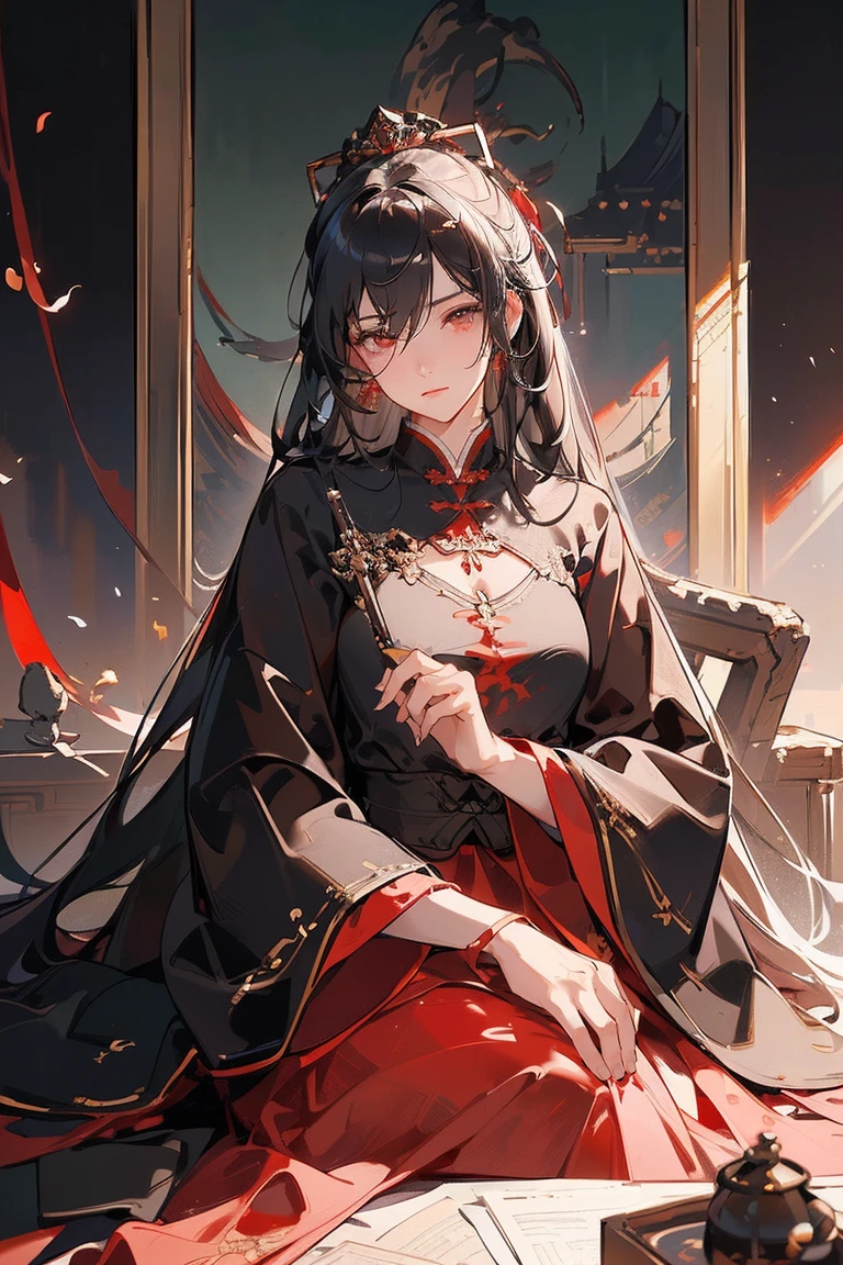 (Extremely detailed 8k wallpaper),(Extremely detailed),(best quality),(masterpiece),(Very detailed),(movie lighting),(The original),Cold Light，Moody,(Chinese Fine Brushwork Painting ),32K Depth of Field,1 Girl,(Queen),((The image of the empress)),((immortal)),(Black long hair)，((Majestic expression))，((Red clothes))