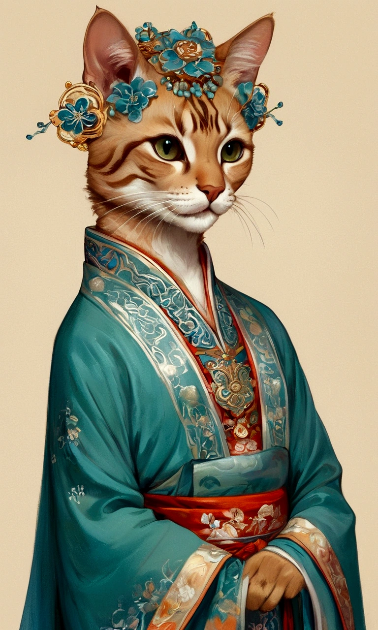 (highly accurate drawing in every detail)(extremely precise representation)upper body,,ancient asia vibe, a stunning hanfu oriental cat(with all cat specific bodyparts) dressed in georgeous hanfu dress with sacred geometric patterns and hair with big flower hanfu headpiece.big eyes, high quality linework,plain background,1 line drawing,burma cat, singapura cat, flat turquoise-blueish-green asia background