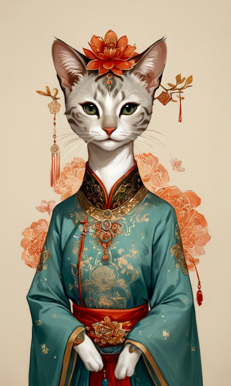 (highly accurate drawing in every detail)(extremely precise representation)upper body,,ancient asia vibe, a stunning hanfu oriental cat(with all cat specific bodyparts) dressed in georgeous hanfu dress with sacred geometric patterns and hair with big flower hanfu headpiece.big eyes, high quality linework,plain background,1 line drawing,burma cat, singapura cat, flat turquoise-blueish-green asia background