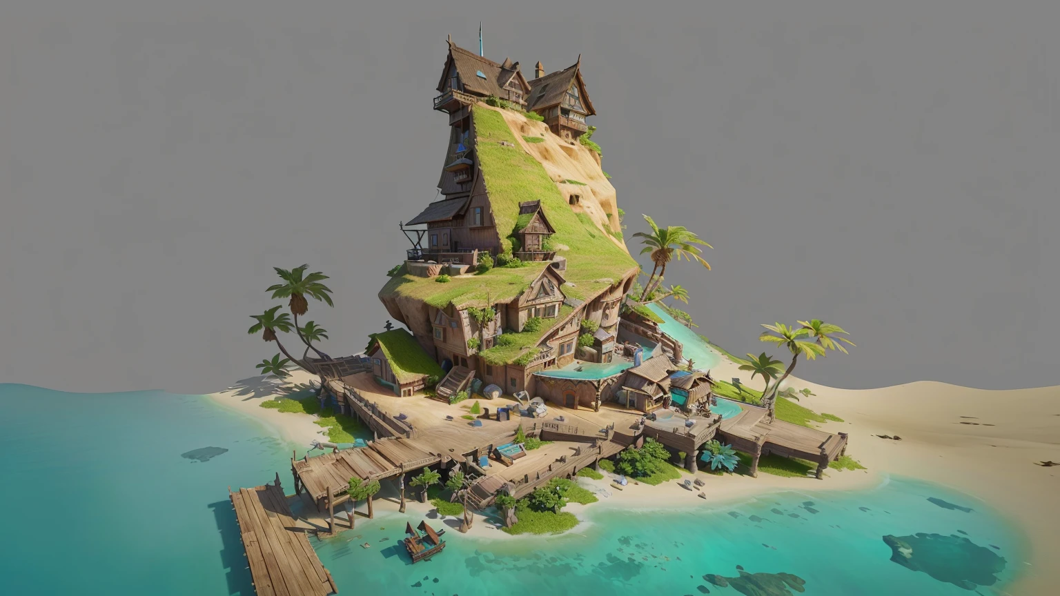 Alafid Island with a wooden bridge and a small house, 3D rendering style, stylized concept art, Depicted as game concept art, Concept art is very detailed, Roland Zilvinsky 3D Rendering Art, Stylized 3d rendering, Created by senior environment artists, environment design illustration, Concept art style, Detailed digital concept art, Concept Art Illustration