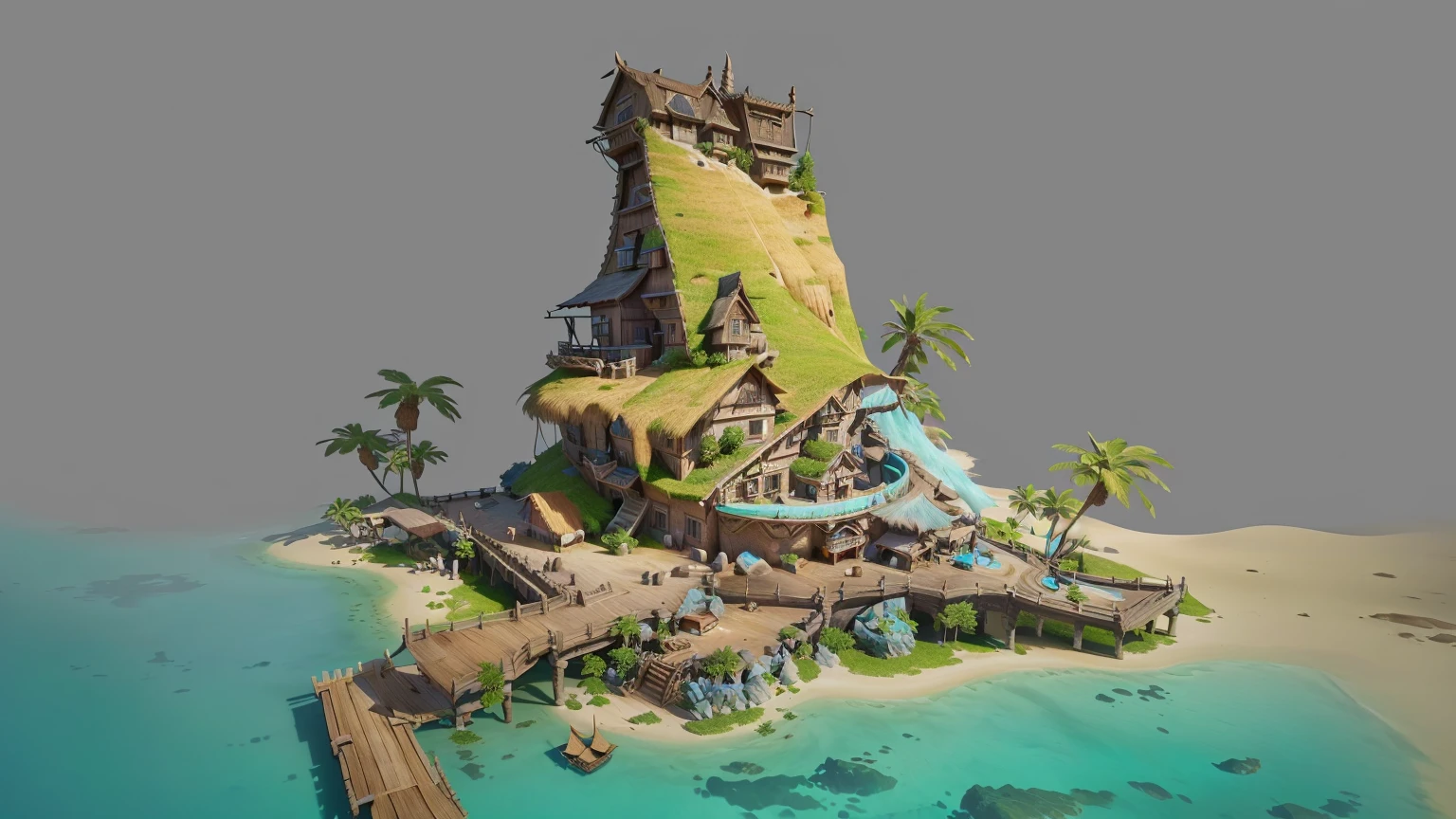 Alafid Island with a wooden bridge and a small house, 3D rendering style, stylized concept art, Depicted as game concept art, Concept art is very detailed, Roland Zilvinsky 3D Rendering Art, Stylized 3d rendering, Created by senior environment artists, environment design illustration, Concept art style, Detailed digital concept art, Concept Art Illustration