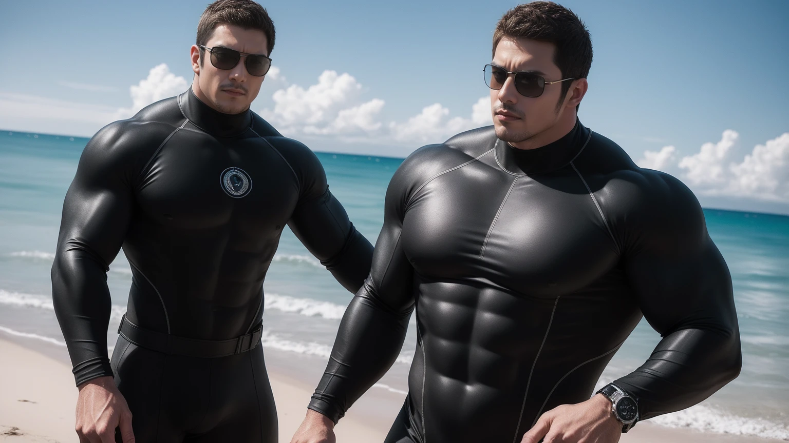 Super muscular man hugging, They wear sunglasses,Deep gaze kiss,They embrace affectionately,short hair,Beach under the scorching sun, Wear a dark grey high collared long sleeve tight wetsuit, Shark skin texture,Beach by the sea,beautiful landscape,The expression is arrogant, Thick thighs, messy hair, Thick thighs, Wear a high-necked, long-sleeved wetsuit, very tight, Regular symmetrical pattern, Highlight muscles, Police uniform pants, character concept(Resident Evil - chris redfield, chris redfield)A proud expression, Deep and charming eyes, Valiant male pose, tall Burly, muscular!muscular thighs, Tough Guy, Perfect facial features, High, Burly, Heqiang, Super exquisite and cool, High Resolution Committee, Attractive, The sun is blazing, Dazzling
