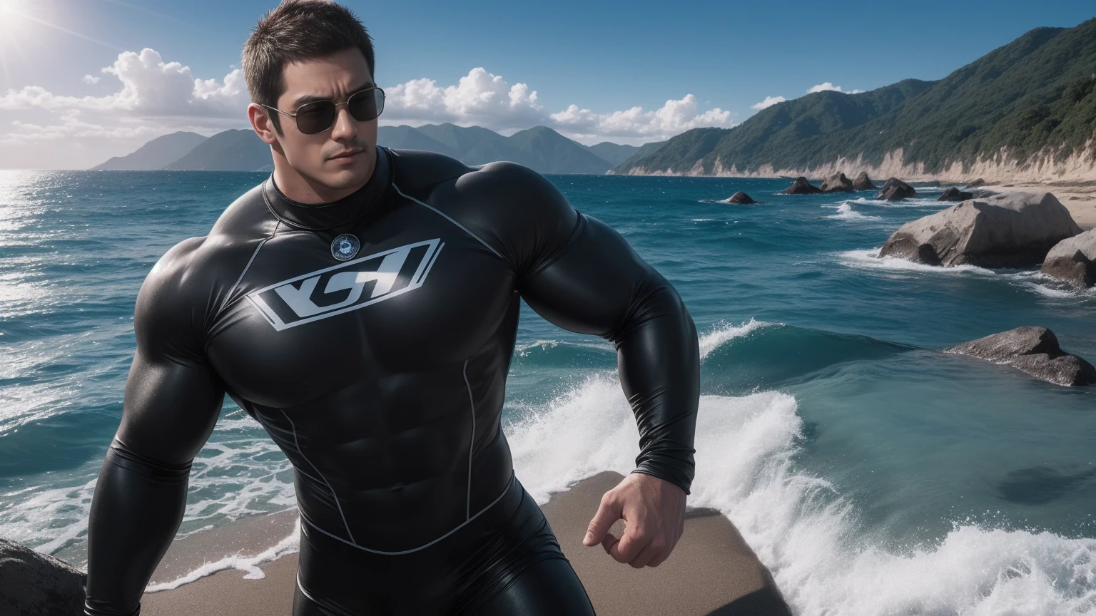 Super muscular man hugging, They wear sunglasses,Deep gaze kiss,They embrace affectionately,short hair,Beach under the scorching sun, Wear a dark grey high collared long sleeve tight wetsuit, Shark skin texture,Beach by the sea,beautiful landscape,The expression is arrogant, Thick thighs, messy hair, Thick thighs, Wear a high-necked, long-sleeved wetsuit, very tight, Regular symmetrical pattern, Highlight muscles, Police uniform pants, character concept(Resident Evil - chris redfield, chris redfield)A proud expression, Deep and charming eyes, Valiant male pose, tall Burly, muscular!muscular thighs, Tough Guy, Perfect facial features, High, Burly, Heqiang, Super exquisite and cool, High Resolution Committee, Attractive, The sun is blazing, Dazzling
