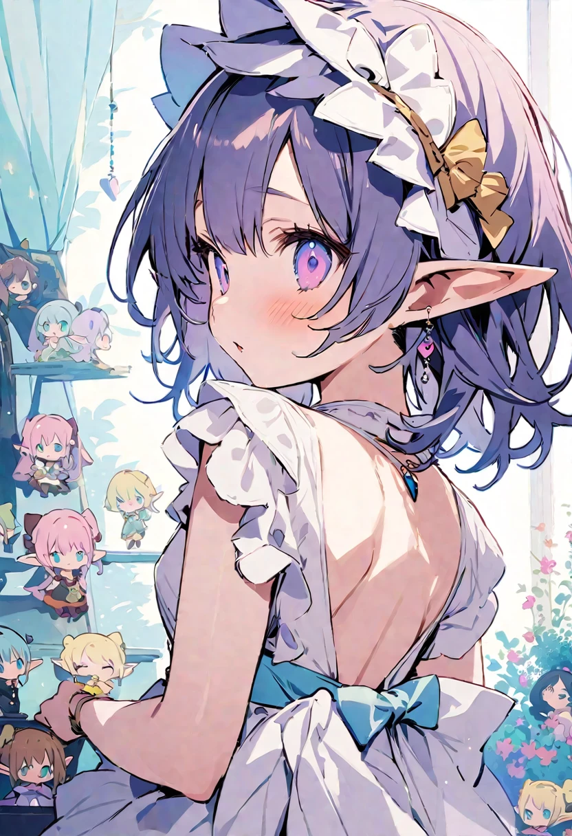 masterpiece, highest quality, Illustration of the novel, High resolution, 18+ Adult content, Sensual, Intimate, Emotional, Passionate, romantic, sweet, Adorable, Innocent, Pure, Charmな, Charmな, Charm, Mysterious, Charmな, Charmな, Immersive, Charmな, dream-like, Surreal, Imaginative, Whimsical, artistic, Avant-garde, timeless, elegant, Sophisticated, chic, Sophisticated, personality, original, Charmな,((Loli Elf:1.3)),((Back view:1.3))、Upper Body、(Little)