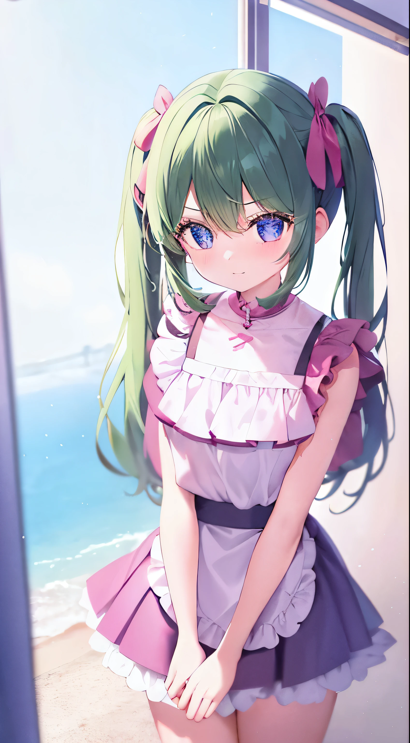 Summer vacation,(8--old l:1.2),Akihabara Maid Clothing,mini skirt,Green Hair Anime Girl,(Twin tails:1.1),Small breasts