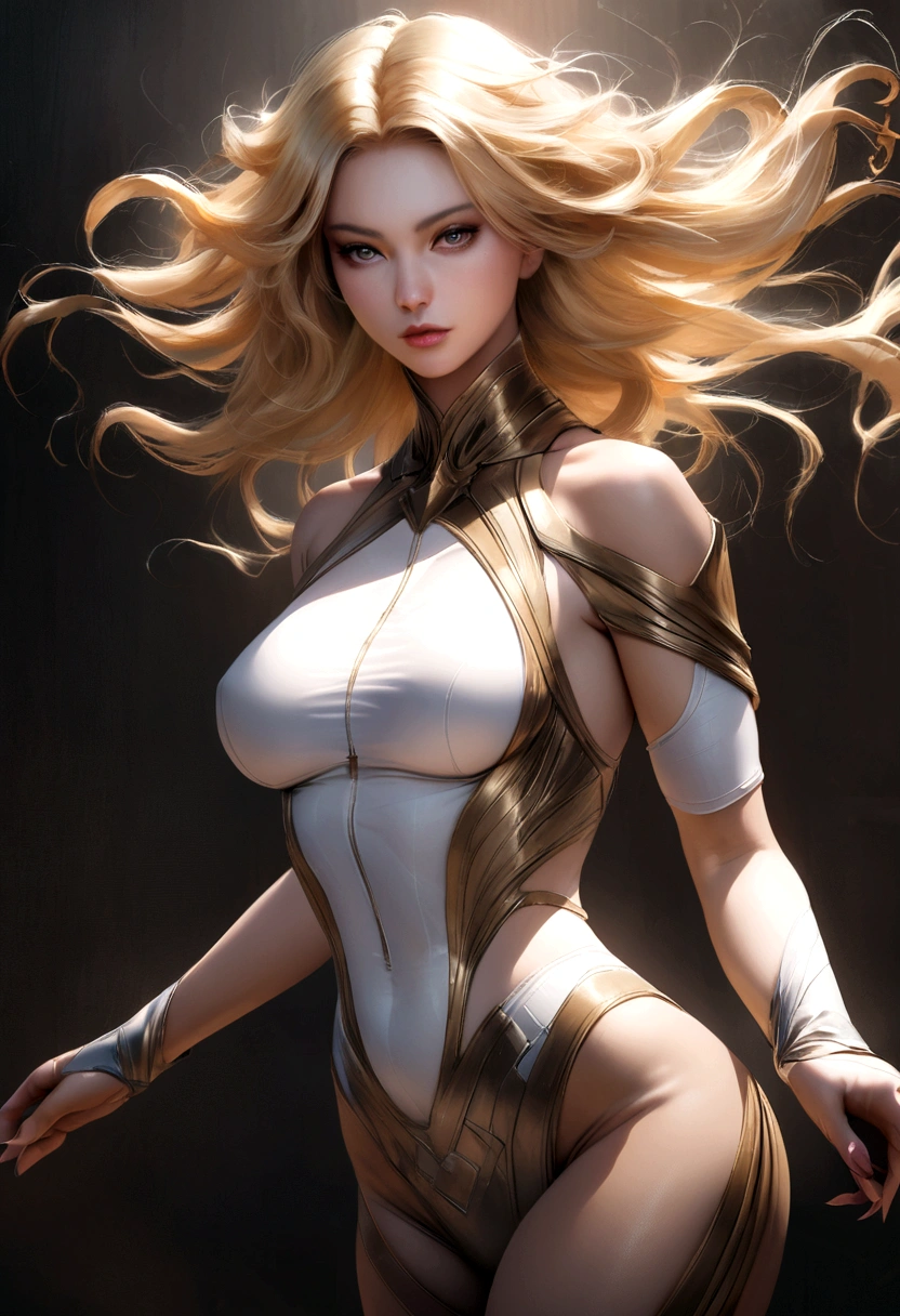 Hot blonde girl realistic body with noticeable curves wearing a stylish, form-fitting outfit that accent