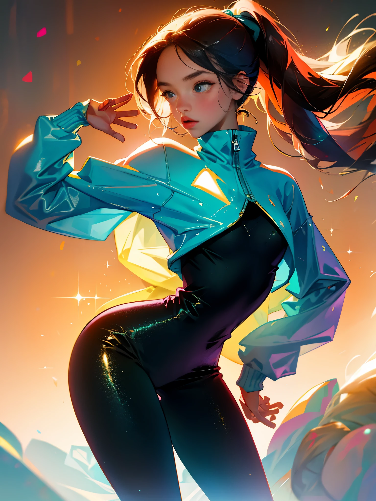s girl, big sweater, tight pants, warm shimmer background