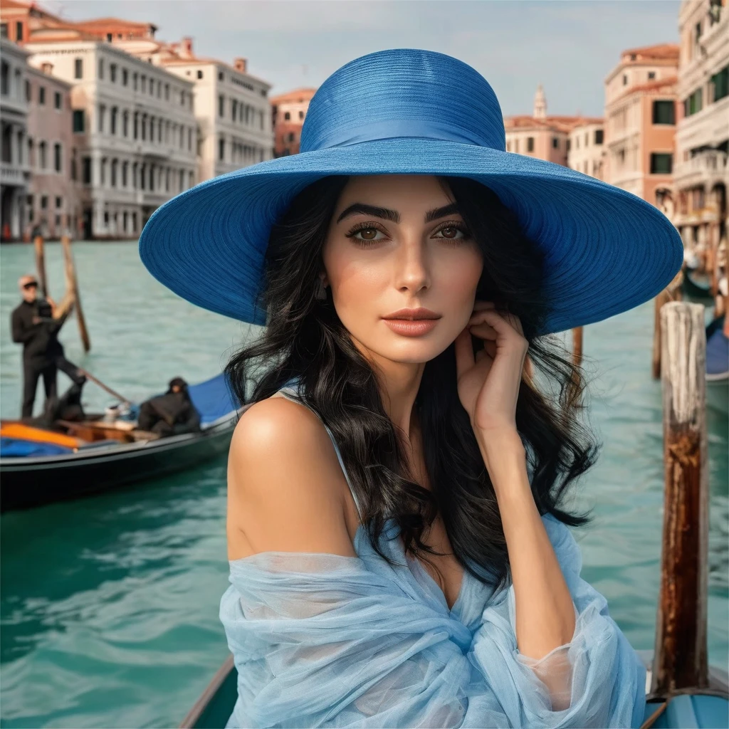
ultra detailed masterpiece, Italian woman, mid-length black hair, black eyes, intense and seductive gaze, shy smile, wears a blue hat, on a boat in Venice