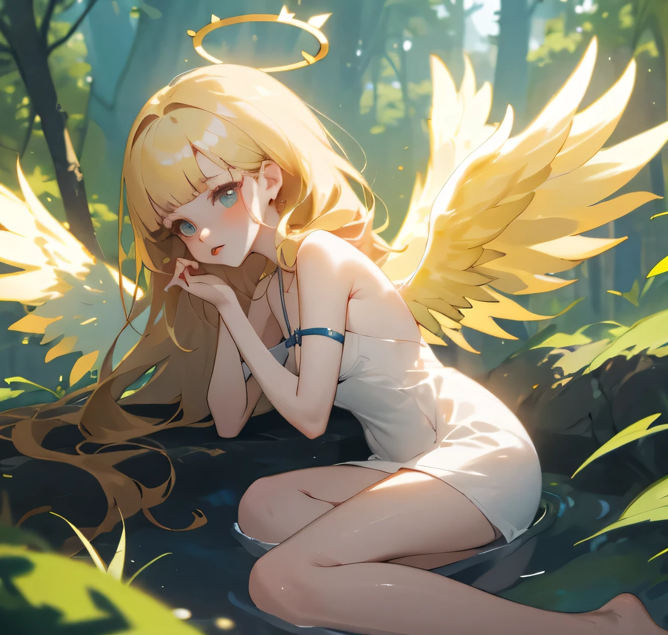 (high quality) (best quality) (a woman) (correct physiognomy) Woman, Blonde and long hair with bangs on her forehead, four small angel wings coming out of her head, two on the left side and two on the right side, two angel wings coming out of her back, a golden halo behind her head, golden eyes, tender lips, middle age, white dress with straps on the shoulders, skirt cut diagonally leaving one leg exposed, location of the photo the woman must be in middle of the forest, photo lighting sunlight, full body proportion, showing in the photo the body from head to torso