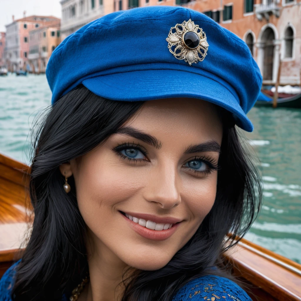 ultra detailed masterpiece, Italian woman, mid-length black hair, black eyes, intense and seductive gaze, shy smile, wears a blue hat, on a boat in Venice
