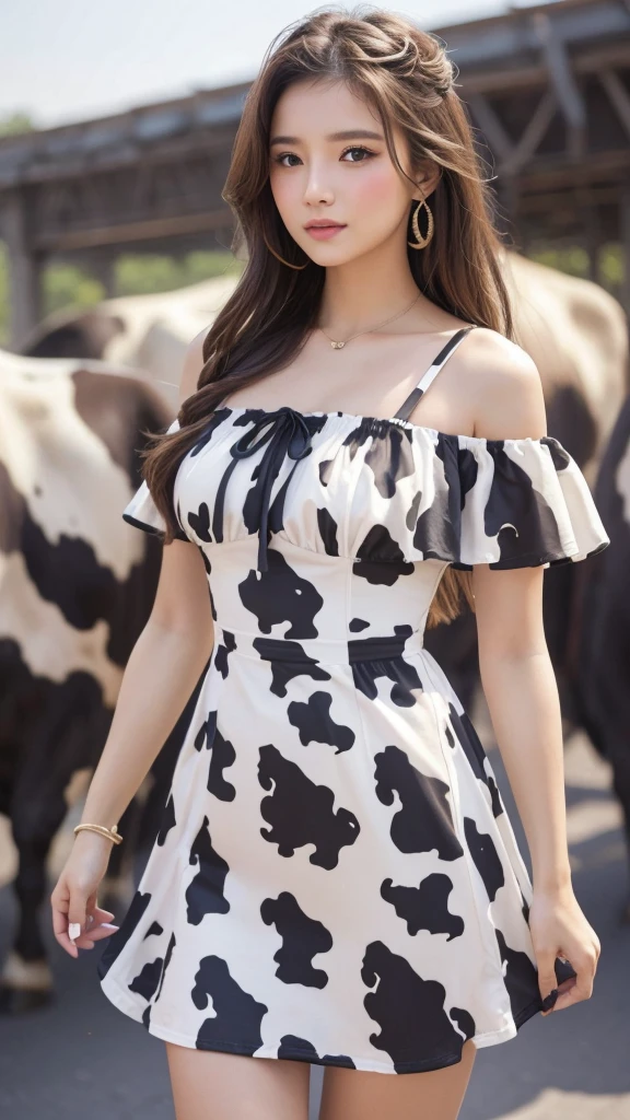 cow patterned dress, Beauty, Surrounded by lots of cows