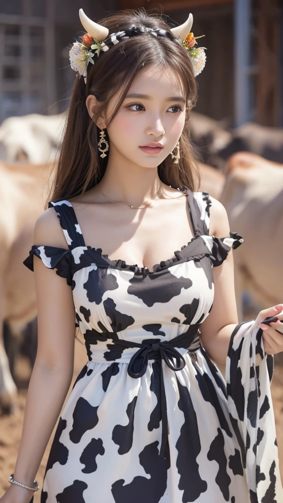 cow patterned dress, Beauty, Surrounded by lots of cows