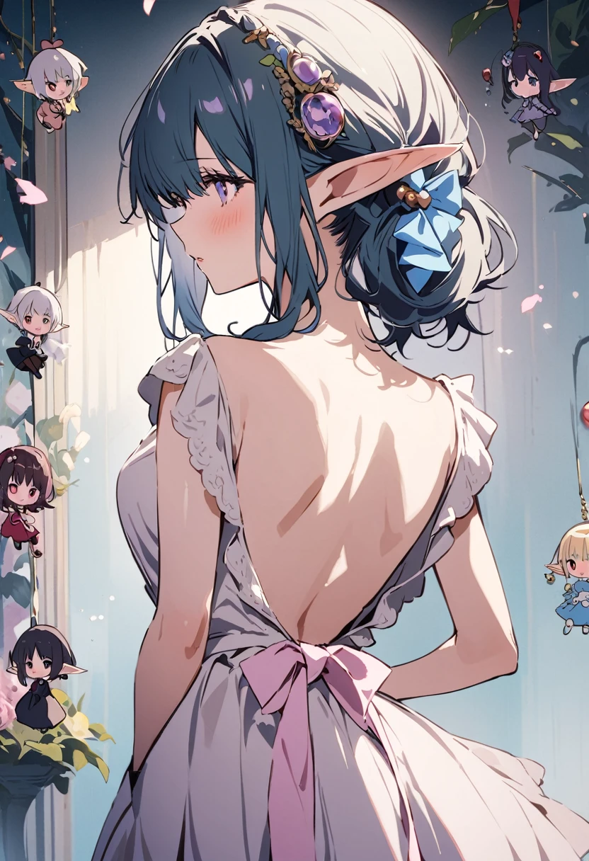 masterpiece, highest quality, Illustration of the novel, High resolution, 18+ Adult content, Sensual, Intimate, Emotional, Passionate, romantic, sweet, Adorable, Innocent, Pure, charmな, charmな, charm, Mysterious, charmな, charmな, Immersive, charmな, dream-like, Surreal, Imaginative, Whimsical, artistic, Avant-garde, timeless, elegant, Sophisticated, chic, Sophisticated, Personality, original, charmな,((Loli Elf:1.3)),((Back view:1.3))、Upper Body、(a bit)
