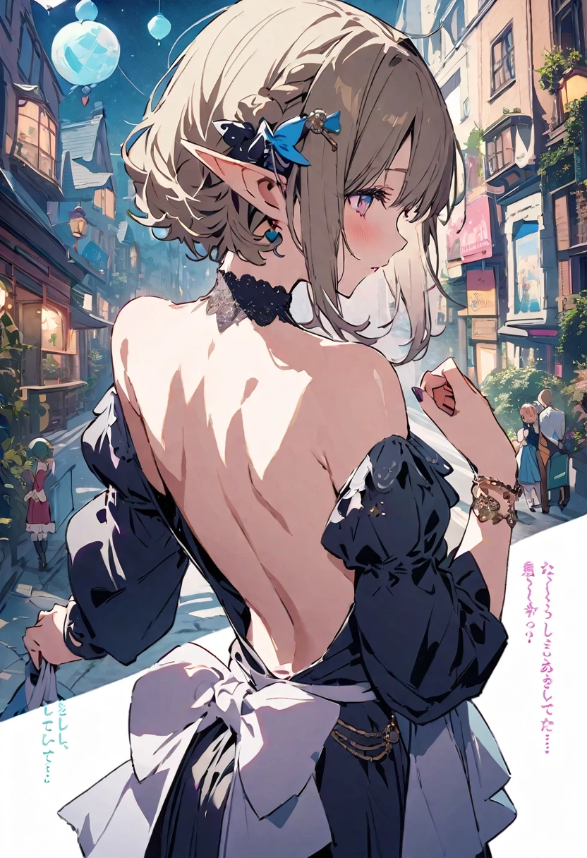 masterpiece, highest quality, Illustration of the novel, High resolution, 18+ Adult content, Sensual, Intimate, Emotional, Passionate, romantic, sweet, Adorable, Innocent, Pure, charmな, charmな, charm, Mysterious, charmな, charmな, Immersive, charmな, dream-like, Surreal, Imaginative, Whimsical, artistic, Avant-garde, timeless, elegant, Sophisticated, chic, Sophisticated, Personality, original, charmな,(( Elf:1.3)),((Back view:1.3))、Upper Body、(a bit)