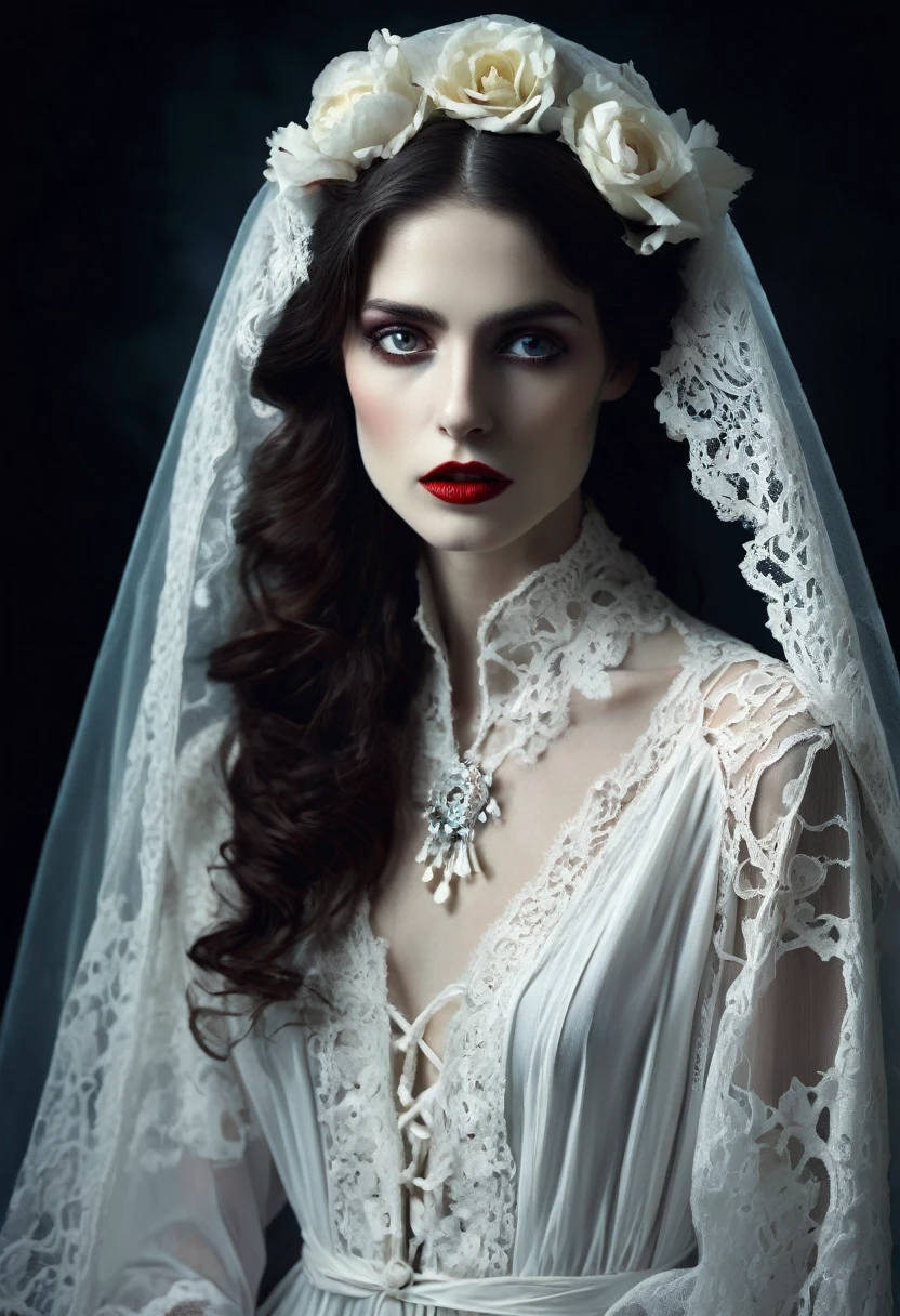 1 chica, (Sleep in a beautiful coffin:1.3), (pecho plano:1.4), princesa vampiro, sexy, los labios carnosos, boca encantadora, , obra maestra, mejor calidad, Perfect swelling , Elegant hip line, culito, Piernas largas, vientre plano, esbelto, pelo blanco largo y desordenado, cabello color arcoiris, pale white skin, labios rojo sangre, brillo suave, (Babeando sangre en la boca:1.5) Visible through fabric - wearing a translucent white lace Victorian dressing gown, cuello alto, The breasts can be seen through the fabric, Visible through fabric, (Un ramo de rosas muertas:1.1) -Obra maestra, ultra detallado, lente macro, tonos oscuros, cinematic color grading, rayones, Celuloide, simulando, tonos frios, (side lighting:1.1), caja de luz gigante. Cold moonlight lighting. -sad, nihilism, Frames from the movie of the rise of Valhalla - (dynamic view:1.4) (dynamic pose) (vista completa:1.6) vista desde arriba