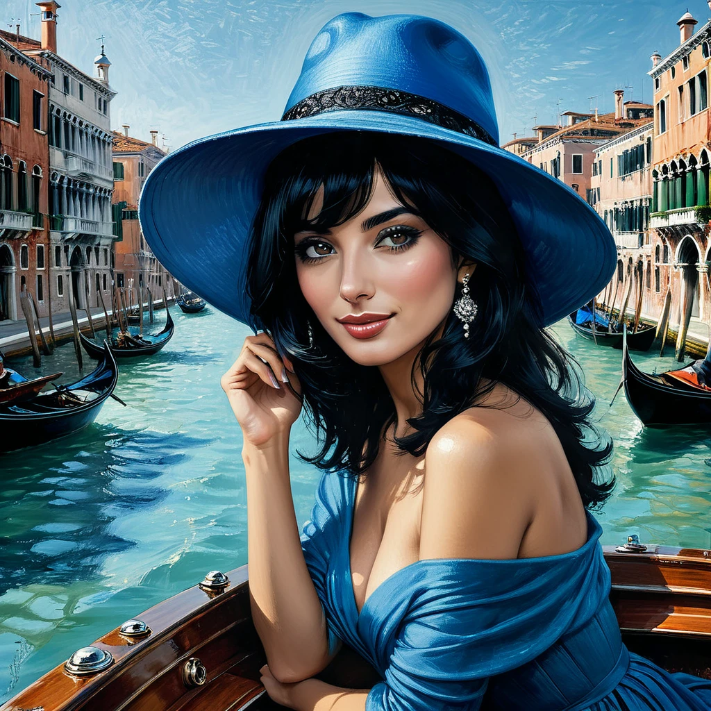 ultra detailed masterpiece, Italian woman, mid-length black hair, black eyes, intense and seductive gaze, shy smile, wears a blue hat, on a boat in Venice