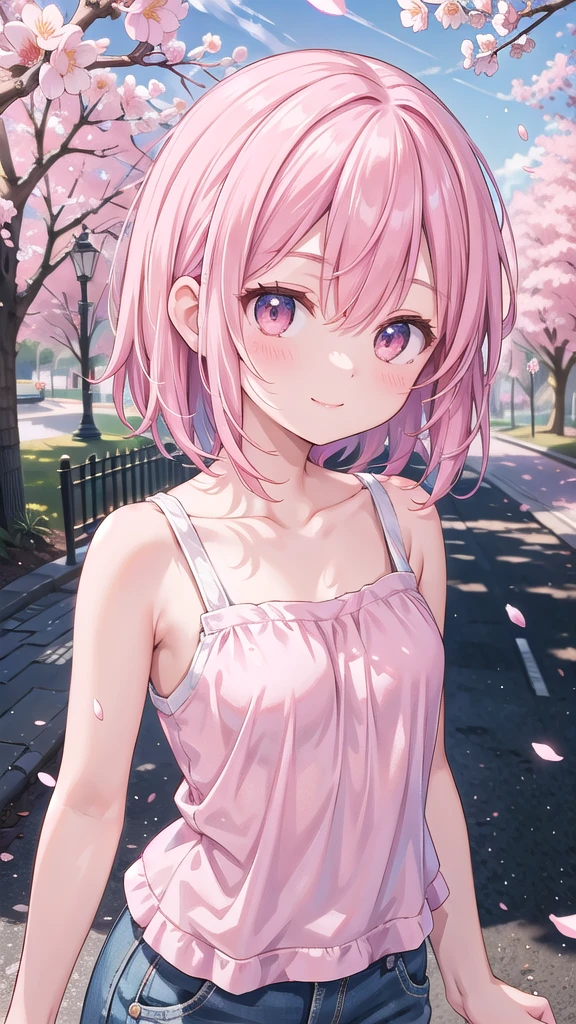 (masterpiece), Going out, cherry blossoms, Outdoor, One girl,Tank Top ,Medium Hair, Pink Hair, smile, Medium chest, Particles of light, Speckled sunlight