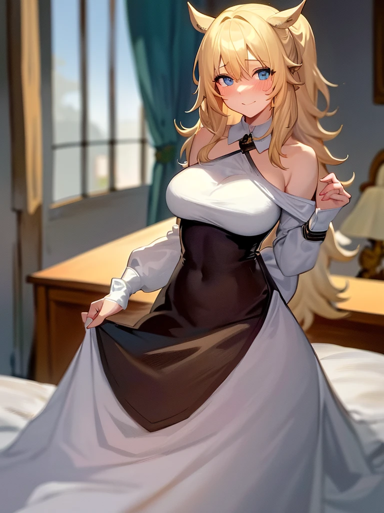 1girl, centaur, blonde hair, medium hair, blue eyes, white wedding dress, happy face, blush, looking at viewer, bedroom, bed,