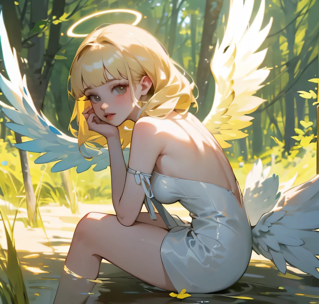 (high quality) (best quality) (a woman) (correct physiognomy) Woman, Blonde and long hair with bangs on her forehead, four small angel wings coming out of her head, two on the left side and two on the right side, two angel wings coming out of her back, a golden halo behind her head, golden eyes, tender lips, middle age, white dress with straps on the shoulders, skirt cut diagonally leaving one leg exposed, location of the photo the woman must be in middle of the forest, photo lighting sunlight, full body proportion, showing in the photo the body from head to torso