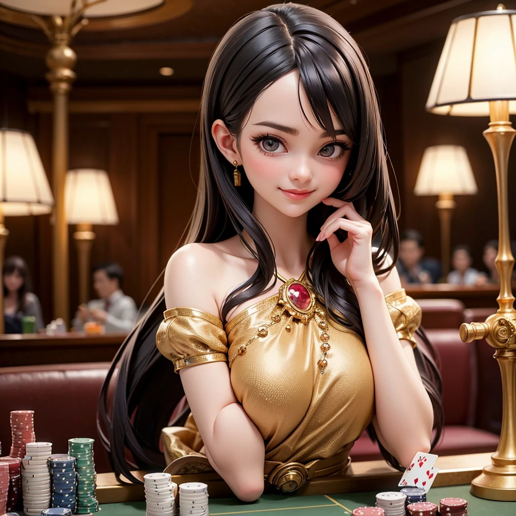 one girl, luxurious casino, elegant, opulent, card table, rich people, people playing cards in background, croupier, customer service, wearing thailand traditional dress, poker table, happy pretty smile, flirting you, loooking at you, in the middle thinking of you