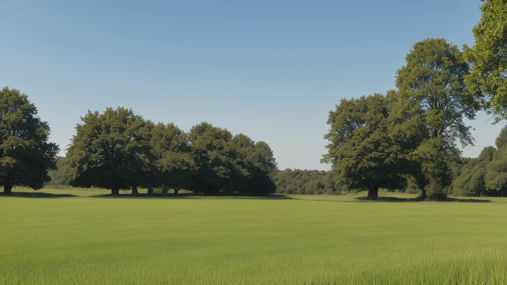 grassland, There are trees in the distance, copse, Light blue sky