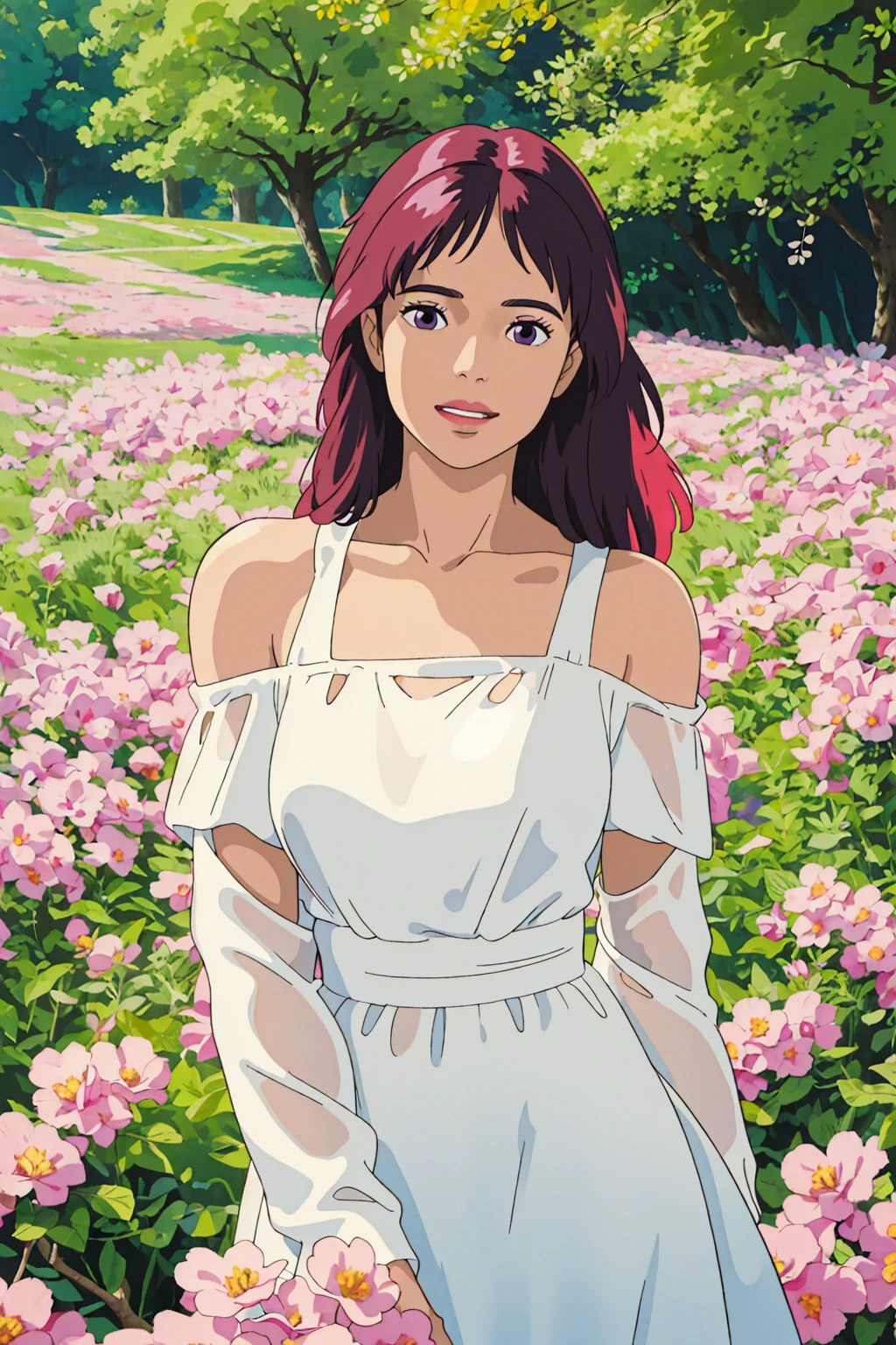 A woman in a white dress poses for a photo, Beautiful Latin face, Ghibli style, ((masterpiece)),((best quality)),(detailed),illustration,8K,rich and colorful, High contrast