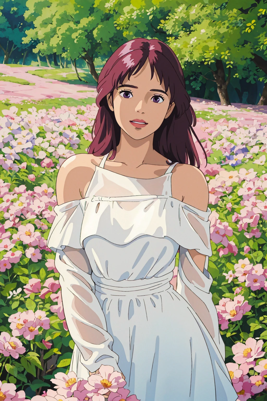 A woman in a white dress poses for a photo, Beautiful Latin face, Ghibli style, ((masterpiece)),((best quality)),(detailed),illustration,8K,rich and colorful, High contrast