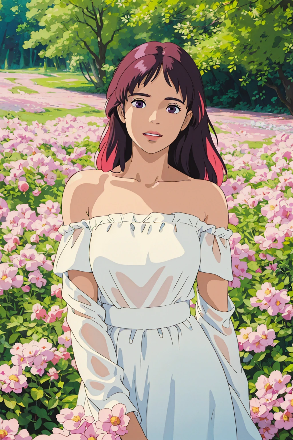 A woman in a white dress poses for a photo, Beautiful Latin face, Ghibli style, ((masterpiece)),((best quality)),(detailed),illustration,8K,rich and colorful, High contrast