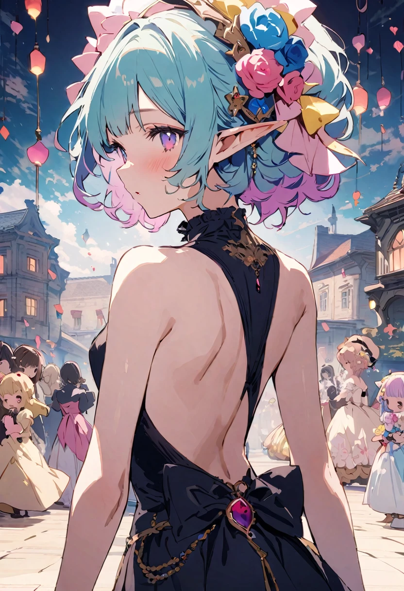 masterpiece, highest quality, Illustration of the novel, High resolution, 18+ Adult content, Sensual, Intimate, Emotional, Passionate, romantic, sweet, Adorable, Innocent, Pure, Charmな, Charmな, Charm, Mysterious, Charmな, Charmな, Immersive, Charmな, dream-like, Surreal, Imaginative, Whimsical, artistic, Avant-garde, timeless, elegant, Sophisticated, chic, Sophisticated, personality, original, Charmな,((Loli Elf:1.3)),((Back view:1.3))、Upper Body、(Little)