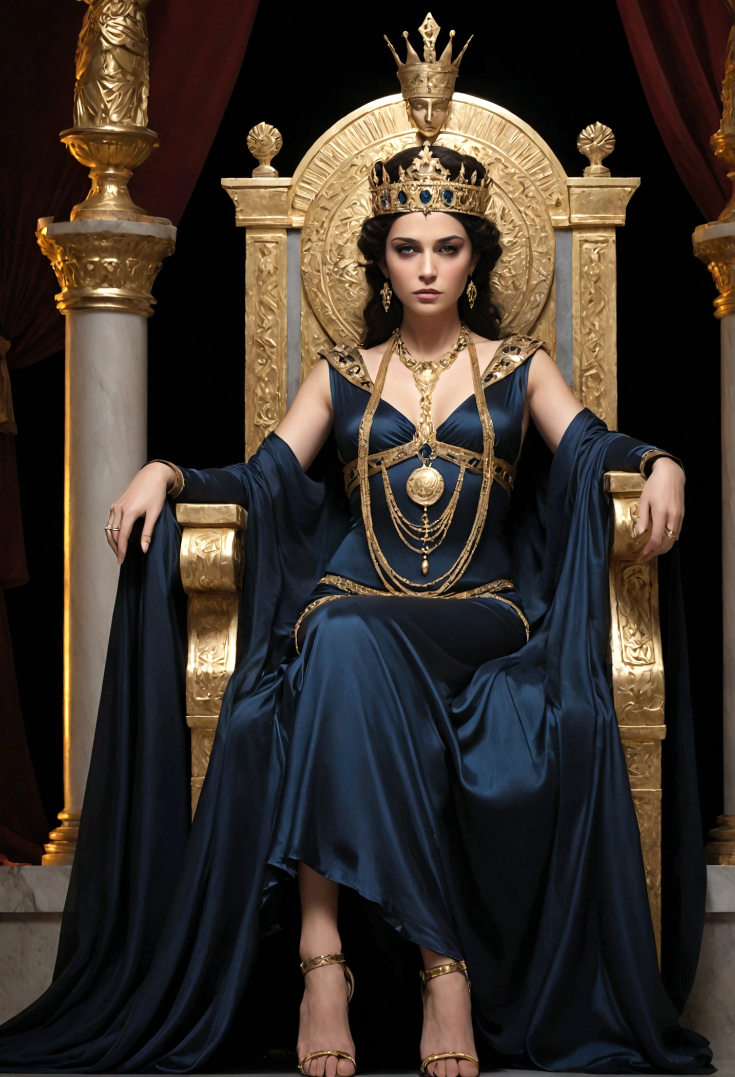 "Create an image of Olympias seated on a grand throne, exuding an aura of power and mystery. She should wear elaborate, regal attire and a crown, with a cold, calculating expression. The background should include dark, opulent drapes and ancient Greek symbols, emphasizing her chilling presence and her role as a formidable queen."