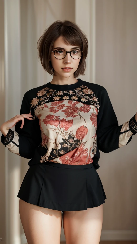 A short-haired girl, red shirt, black skirt, detailed face, beautiful eyes, mature and serious expression, alone, indoor setting, natural lighting, photorealistic, 8k, high quality, detailed skin, detailed clothing, realistic, intricate details, sharp focus, warm color tones, soft shadows, elegant composition, glasses.
