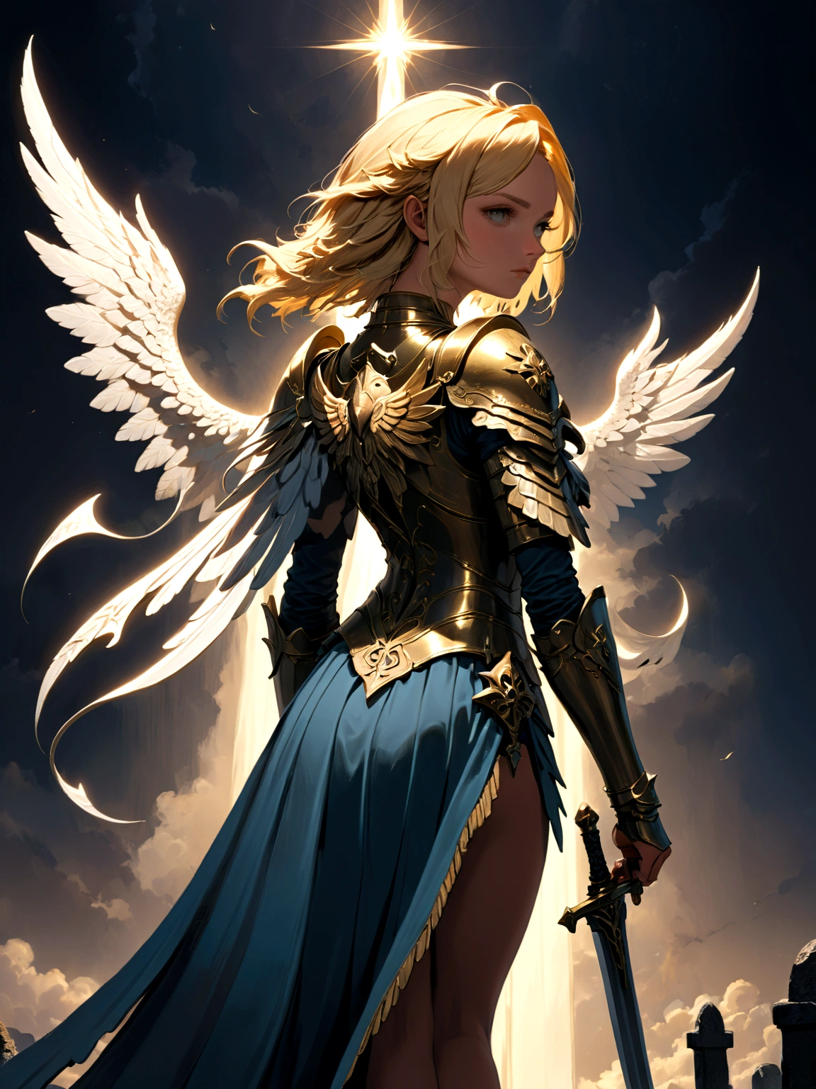 a model shot (taken from the back: 1.5), 16K, ultra detailed, masterpiece, best quality, (extremely detailed), arafed, dnd art, portrait, full body, aasimar, female, (Masterpiece 1.3, intense details), female, paladin, holy warrior, spread large feathered wings, (wings growing from the back: 1.3), majestic wings, white angelic wings spread (Masterpiece, intense details: 1.5), moon light, moon, stars, clouds, holy symbol, armed with sword, short blond hair, dark fantasy cemetery background, anatomically correct (Masterpiece 1.3, intense details), angel_wings, determined face, god rays, cinematic lighting, glowing light, silhouette, from outside, photorealism, panoramic view (Masterpiece 1.3, intense details) , Wide-Angle, Ultra-Wide Angle, 16k, highres, best quality, high details, armored dress
