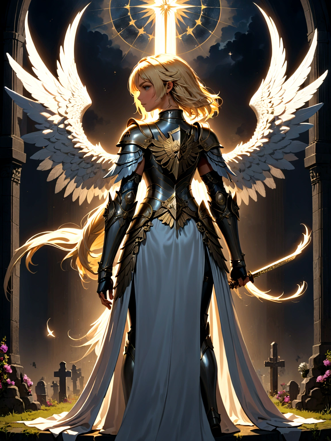 a model shot (taken from the back: 1.5), 16K, ultra detailed, masterpiece, best quality, (extremely detailed), arafed, dnd art, portrait, full body, aasimar, female, (Masterpiece 1.3, intense details), female, paladin, holy warrior, spread large feathered wings, (wings growing from the back: 1.3), majestic wings, white angelic wings spread (Masterpiece, intense details: 1.5), moon light, moon, stars, clouds, holy symbol, armed with sword, short blond hair, dark fantasy cemetery background, anatomically correct (Masterpiece 1.3, intense details), angel_wings, determined face, god rays, cinematic lighting, glowing light, silhouette, from outside, photorealism, panoramic view (Masterpiece 1.3, intense details) , Wide-Angle, Ultra-Wide Angle, 16k, highres, best quality, high details, armored dress
