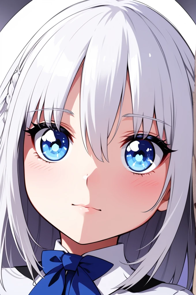 closeup, white cute hair, big bright blue heavenly shiny eyes with white star-shaped pupil
