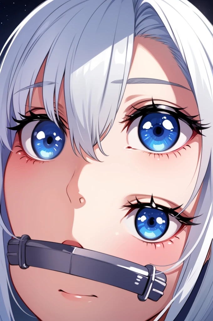closeup, white cute hair, big bright blue heavenly shiny eyes with white star-shaped pupil