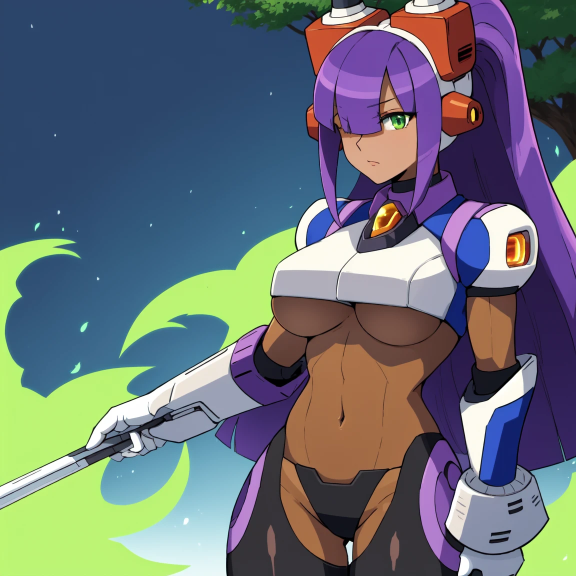 layer_megamanx, 1girl, solo, long hair, purple hair, green eyes, blunt bangs, hair over eyes, large breasts, dark skin, dark-skinned female, android, underboob, robot ears, high quality, masterpiece, standing with green flames coming from a tree