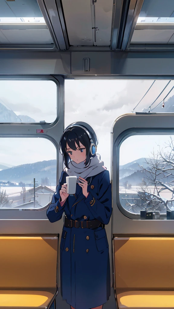 Create an anime-style illustration of a young girl standing in a train, capturing her entire figure from head to toe. She has short, dark hair and wears large headphones, a navy-blue coat, and a white scarf. She holds a coffee cup in one hand near her waist and gazes thoughtfully out the window, displaying a calm, reflective expression. The train door behind her features an "Emergency Exit" sign, and through the window, a picturesque winter landscape with snow-covered ground, trees, and distant mountains under a cloudy sky is visible. The train's interior, including seats and signs, should also be depicted to enhance the scene's tranquil, contemplative mood.