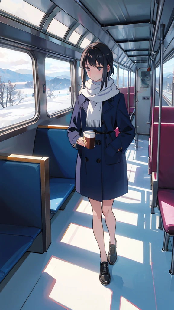 Create an anime-style illustration of a young girl standing in a train, capturing her entire figure from head to toe. She has short, dark hair and wears large headphones, a navy-blue coat, and a white scarf. She holds a coffee cup in one hand near her waist and gazes thoughtfully out the window, displaying a calm, reflective expression. The train door behind her features an "Emergency Exit" sign, and through the window, a picturesque winter landscape with snow-covered ground, trees, and distant mountains under a cloudy sky is visible. The train's interior, including seats and signs, should also be depicted to enhance the scene's tranquil, contemplative mood.