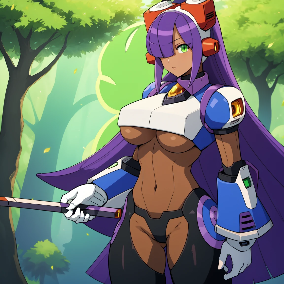layer_megamanx, 1girl, solo, long hair, purple hair, green eyes, blunt bangs, hair over eyes, large breasts, dark skin, dark-skinned female, android, underboob, robot ears, high quality, masterpiece, standing with green flames coming from a tree