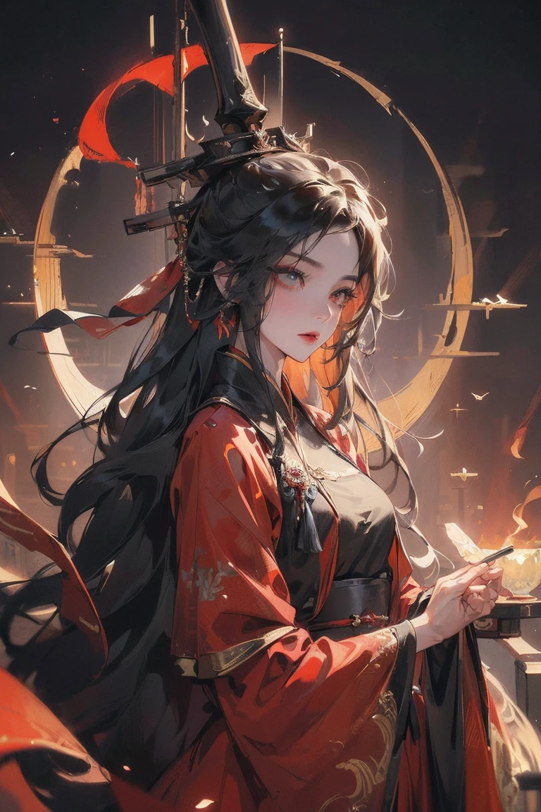 (Extremely detailed 8k wallpaper),(Extremely detailed),(best quality),(masterpiece),(Very detailed),(movie lighting),(The original),Cold Light,Moody,(Chinese Fine Brushwork Painting ),32K Depth of Field,1 Girl,(Queen),((The image of the empress)),((immortal)),(Black long hair),((Majestic expression)),((Red clothes))