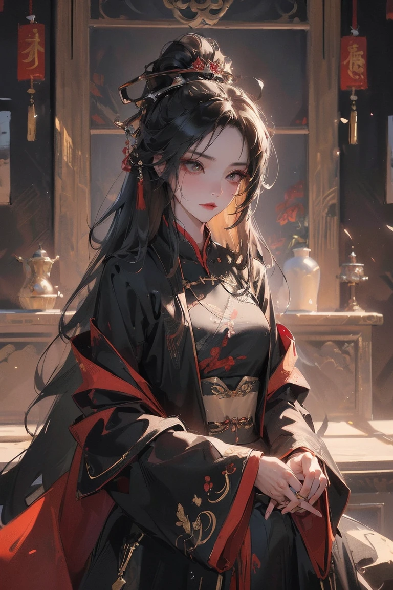 (Extremely detailed 8k wallpaper),(Extremely detailed),(best quality),(masterpiece),(Very detailed),(movie lighting),(The original),Cold Light,Moody,(Chinese Fine Brushwork Painting ),32K Depth of Field,1 Girl,(Queen),((The image of the empress)),((immortal)),(Black long hair),((Majestic expression)),((Red clothes))